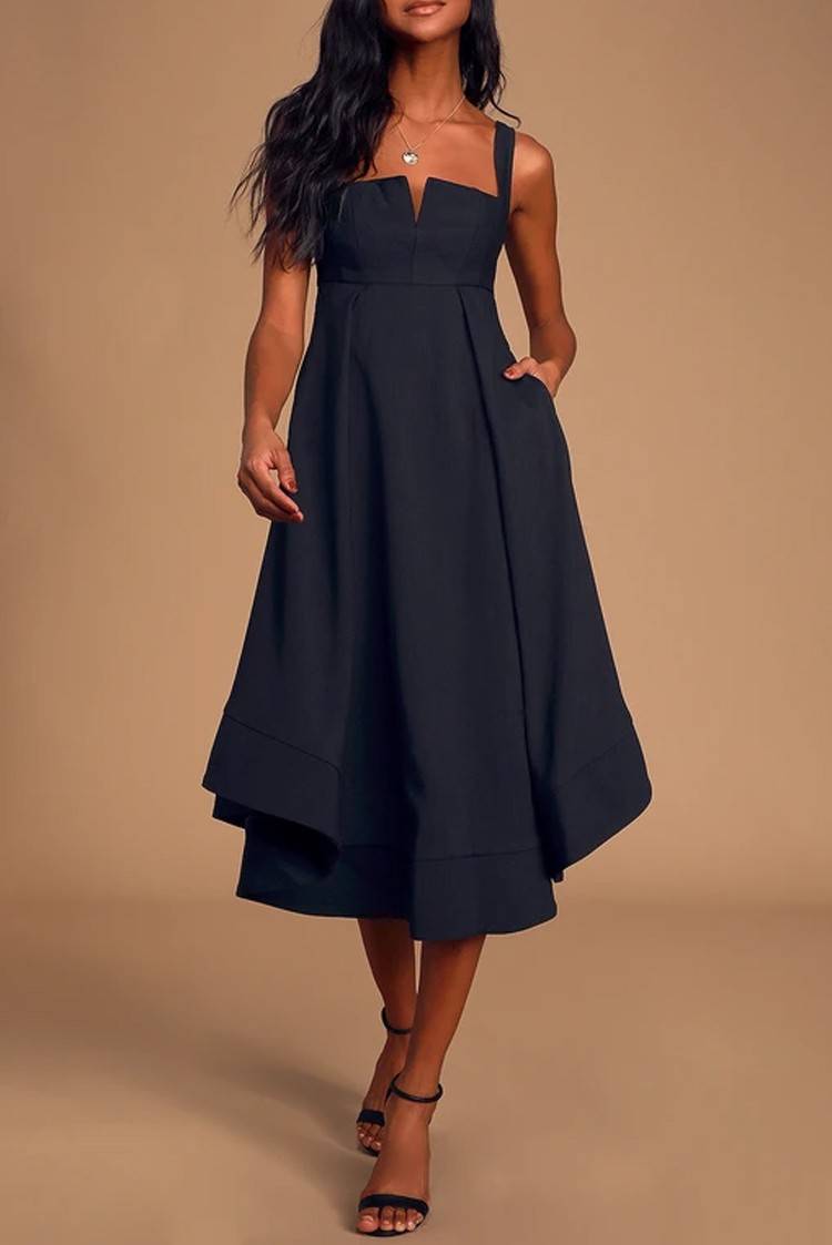 LinkLinke™Chic Empire Waist Strap Deep Navy Midi Dress