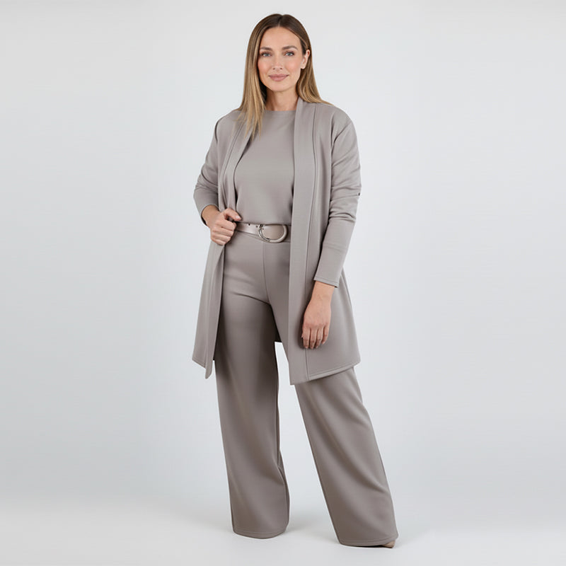 Elegant 3-piece set including long cardigan, top and pants
