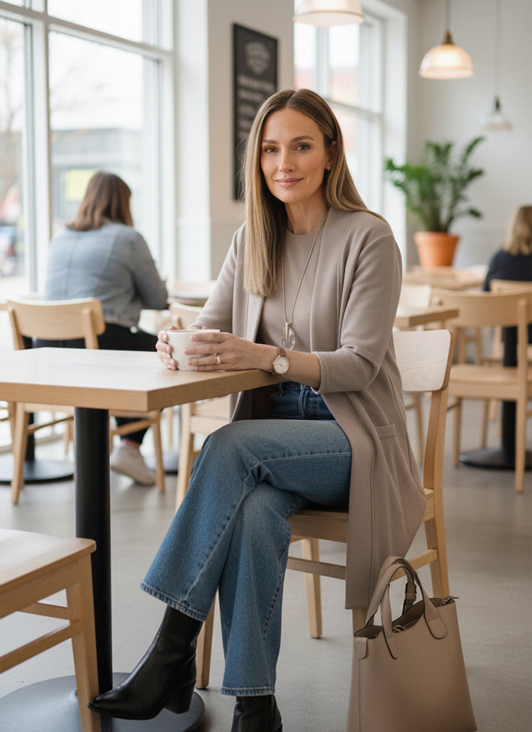 Elegant 3-piece set including long cardigan, top and pants
