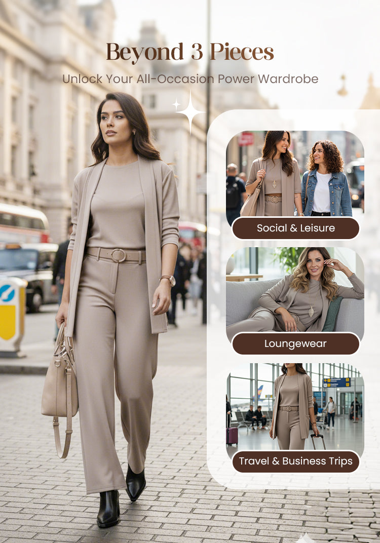Elegant 3-piece set including long cardigan, top and pants