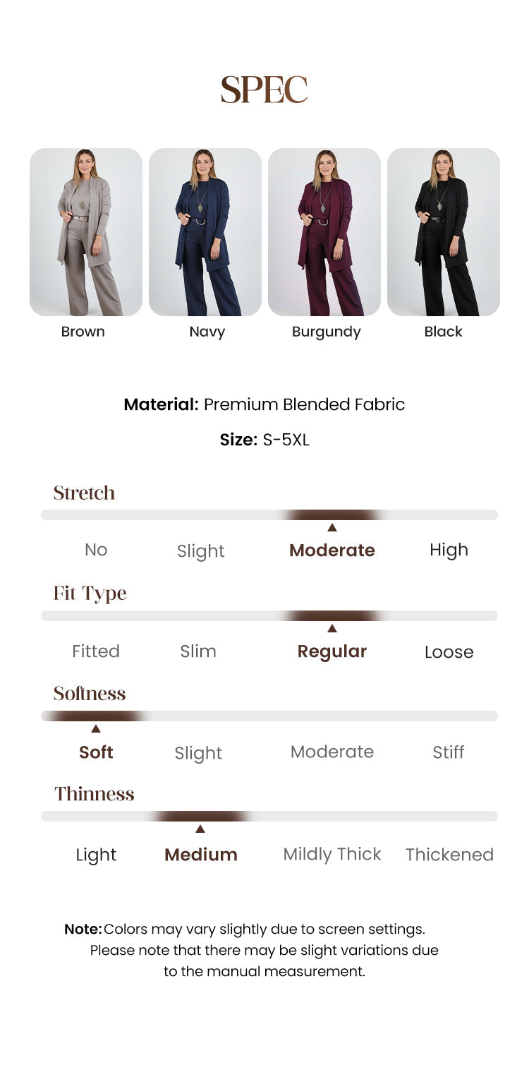 Elegant 3-piece set including long cardigan, top and pants