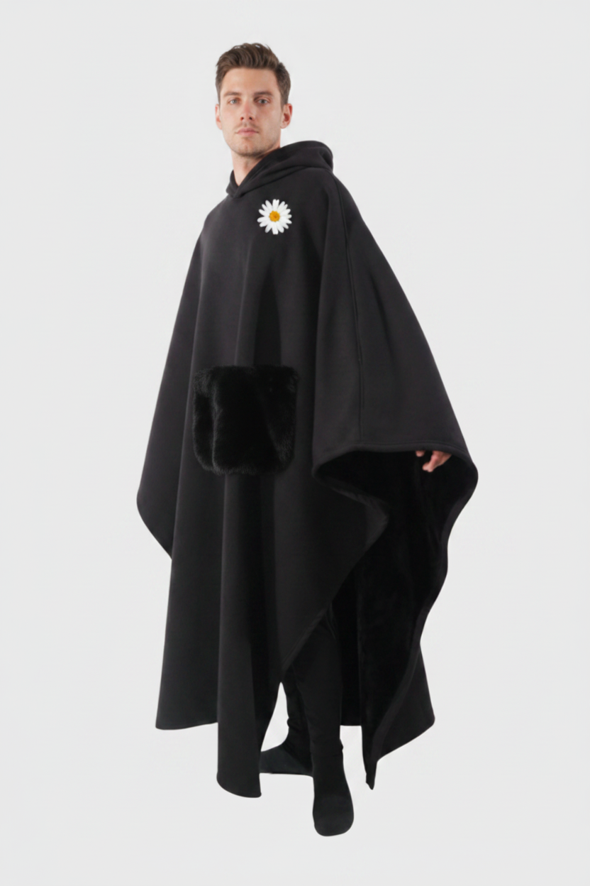 Black Cloak with Faux Fur Pocket - Studio